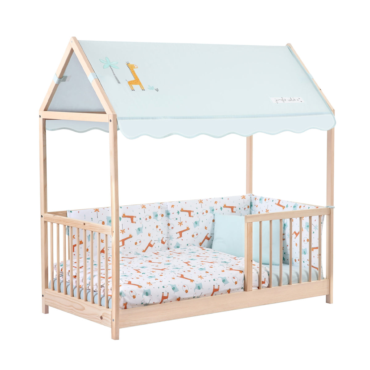 Kukka Natural Wooden Montessori Activity Bed 70X140cm - Giraffe Blue